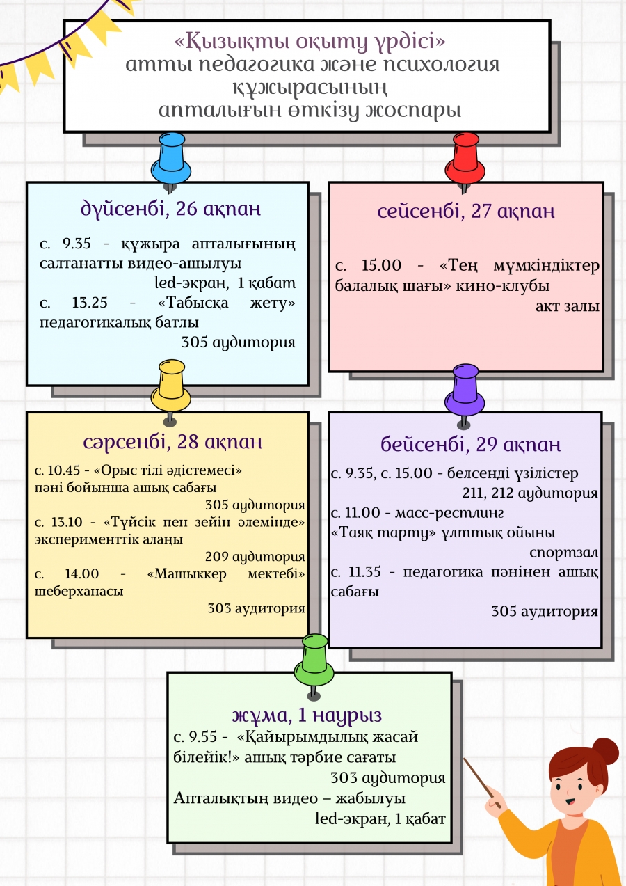 «Қызықты оқыту үрдісі» атты педагогика және психология құжырасының апталығын өткізу жоспары